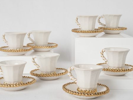 Set of 8 espresso cups & saucers w  pearls - Émile Tessier - white & gold Online