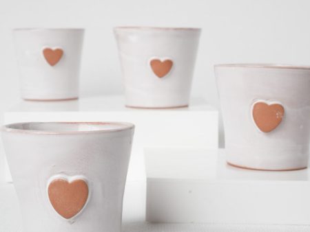 Set of 4 handmade coffee cups w  hearts & white glaze 2¼  Online Hot Sale