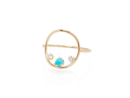 Gold Circle Ring with Turquoise and Diamond For Sale