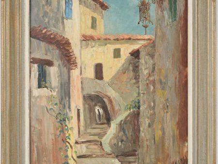 Streetscape painting Orange Village 1940s - 13¾  x 17  Fashion