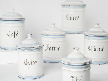 Set of Six French Enamel Canisters - blue & white For Sale